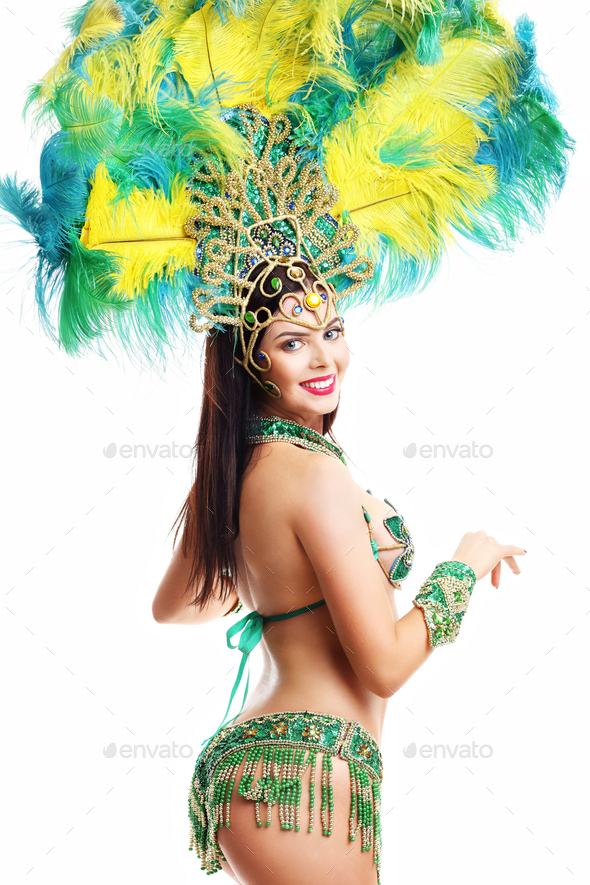 Brazilian Woman Posing In Samba Costume Over White Background Stock Photo By Macniak