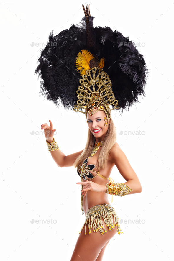 Brazilian Woman Posing In Samba Costume Over White Background Stock Photo By Macniak