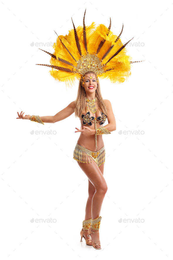 Brazilian Woman Posing In Samba Costume Over White Background Stock Photo By Macniak