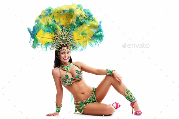 Brazilian Woman Posing In Samba Costume Over White Background Stock Photo By Macniak