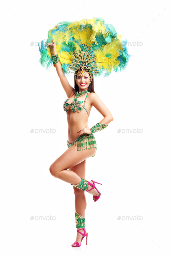 Brazilian Woman Posing In Samba Costume Over White Background Stock Photo By Macniak