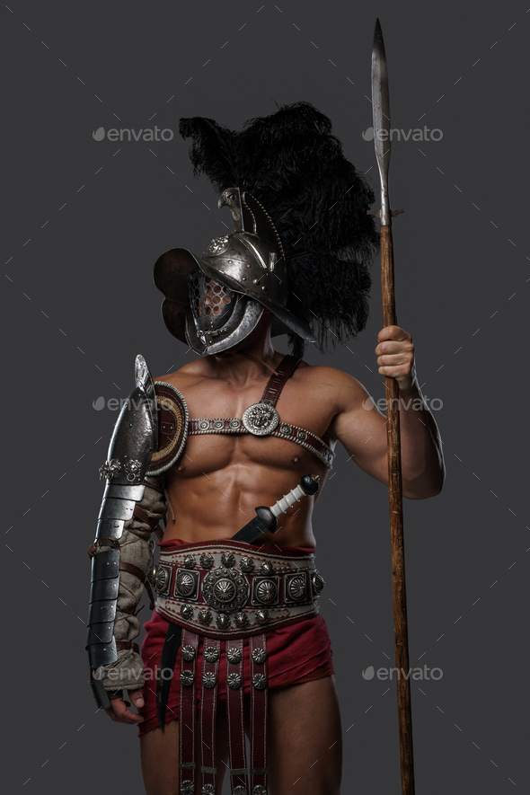 Antique roman warrior with spear and plumed helmet
