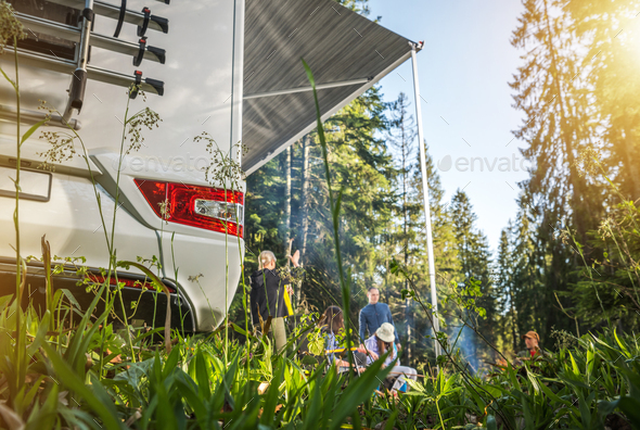 RV Park Camping with Camper Van Concept