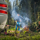 Friends Hanging Out Next to Campfire and RV Camper Van - PhotoDune Item for Sale