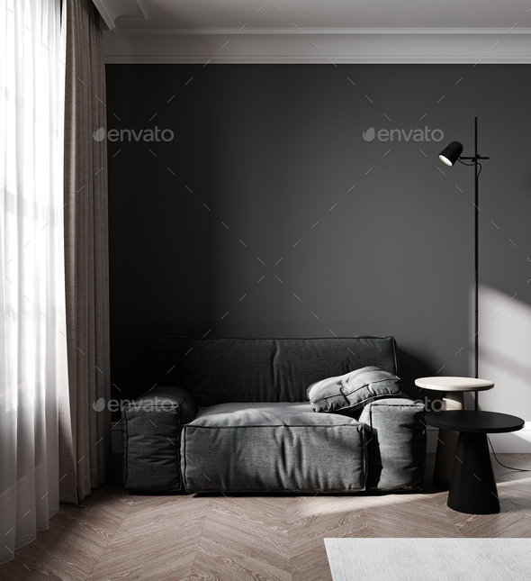 Luxury dark living room interior with gray sofa mock up, modern