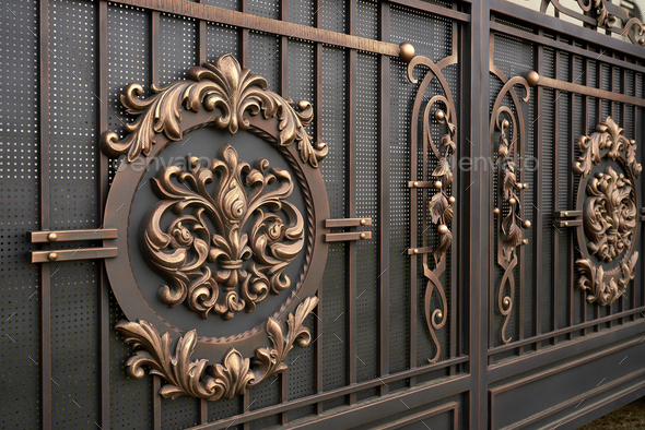 Modern beautiful gate with different forged patterns. Stock Photo by ...