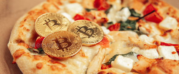 Bitcoin Pizza Day 22 May. Cryptocommunity holiday. concept of buying pizza with bitcoin.