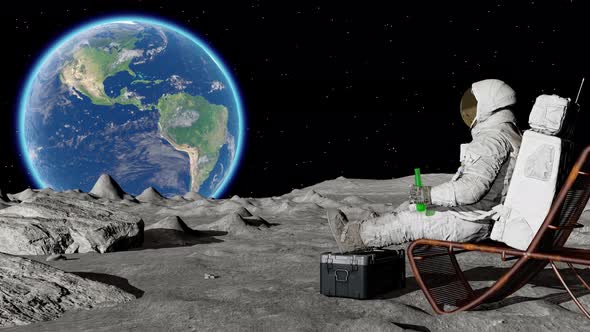 Lunar astronaut drinking beer sitting in easy beach chair on Moon surface, enjoying view of Earth.