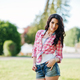 Portrait Of Style Country Girl On Short Jeans Shorts And Crosscountry  Checkered Line Shirt Stock Photo, Picture and Royalty Free Image. Image  59760176.