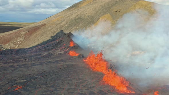 Aerial Drone View Of Fagradalsfjall Iceland Volcano Eruption. Boiling Red Hot Lava Spewing alt