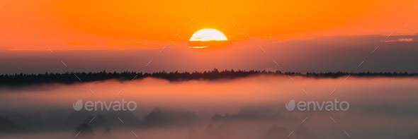 Amazing Sunrise Over Misty Landscape. - Stock Photo - Images