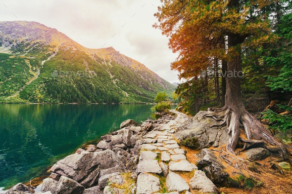 Mountain landscape with view of wonderful sunrise of Morskie Oko (Sea ...