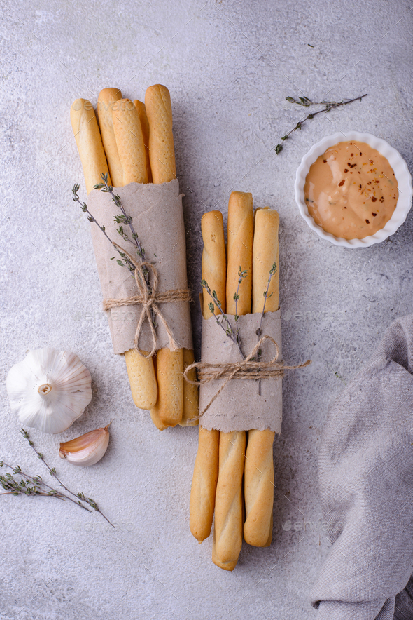 Italian grissini, traditional appetizer breadstick Stock Photo by  furmanphoto