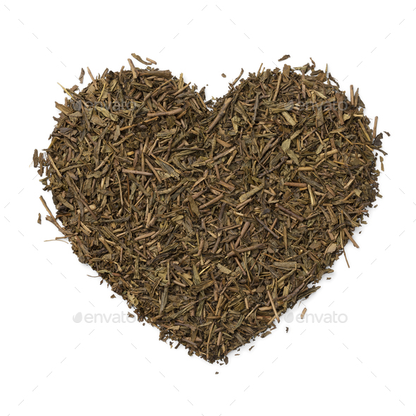Bancha Houji Cha, Japanese tea in heart shape isolated on white background - Stock Photo - Images