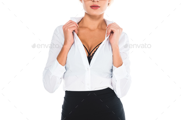cropped view of attractive teacher in blouse with open neckline and black skirt isolated on white