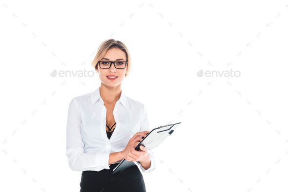 blond teacher in blouse with open neckline holding clipboard isolated on white