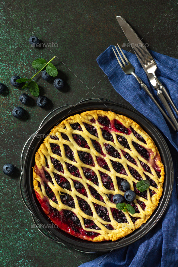 Homemade berry pie. Sweet pie, tart with fresh blueberry. Stock Photo
