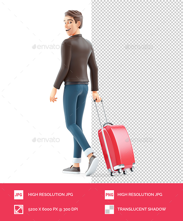 3D Cartoon Man Walking with Travel Suitcase