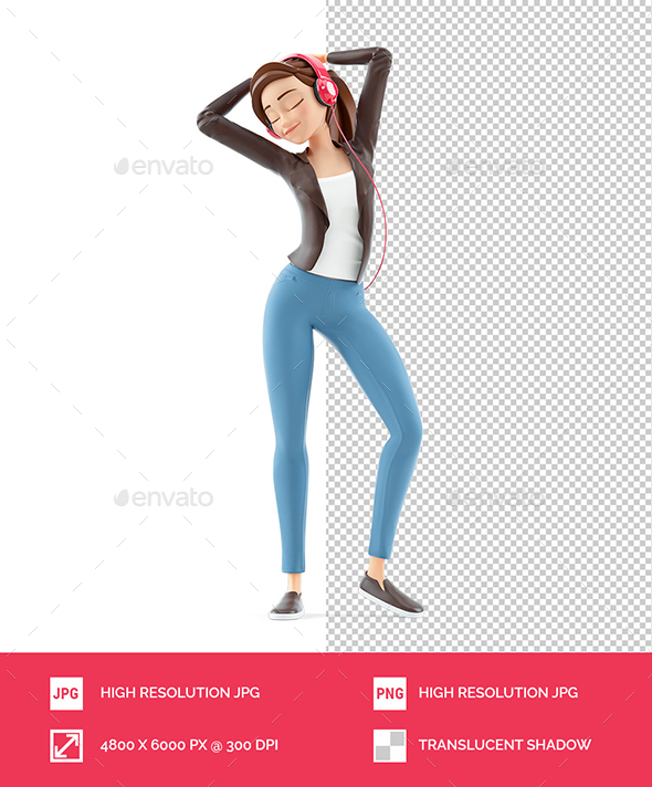 3D Cartoon Woman Dancing and Listening Music