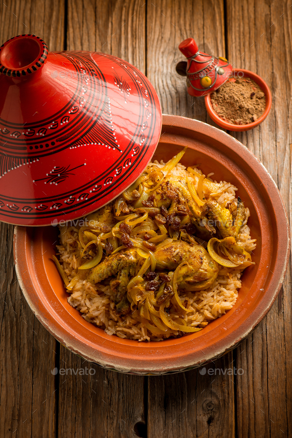 traditional moroccan chicken tajine with rice and vegetables Stock ...