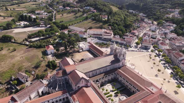 Alcobaça Monastery, gorgeous architectural medieval landmark in Portugal. Aerial wide view alt
