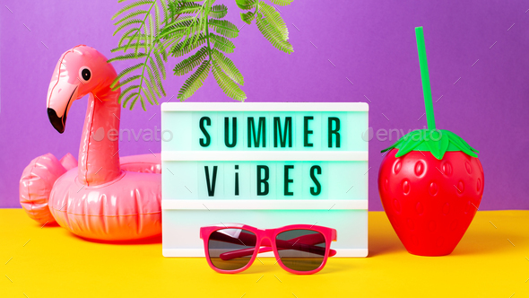 Retro vibe or 80s, nostalgic style still life with colorful summer accessories