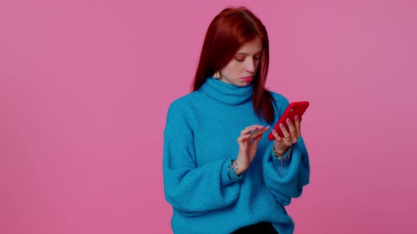 Girl Using Mobile Phone Typing New Post on Web Sms Message Browsing Addiction of Social Networks alt