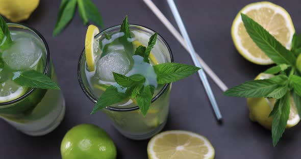 Top View of Fresh Lemonade with Mint in Glasses