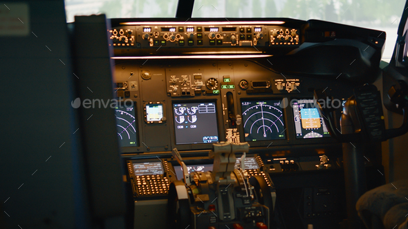 Empty airplane cockpit with dashboard and control panel