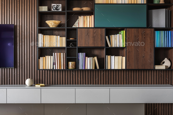 Modern bookcase in lamells wall