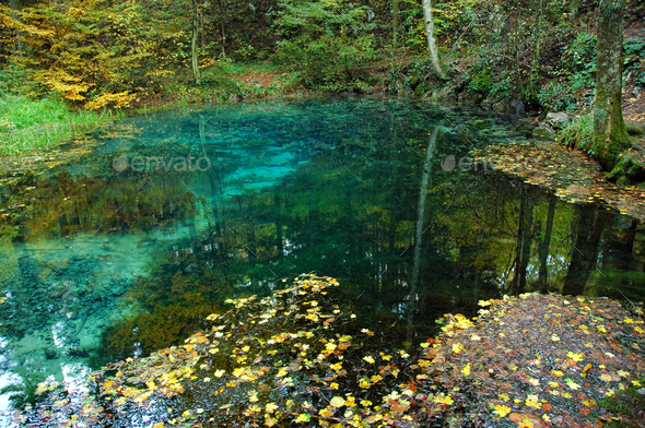 Underground karst spring come to surface. Turquoise water, Ochiul ...