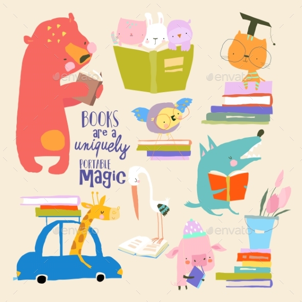 Set of Cute Cartoon Animals Reading Books