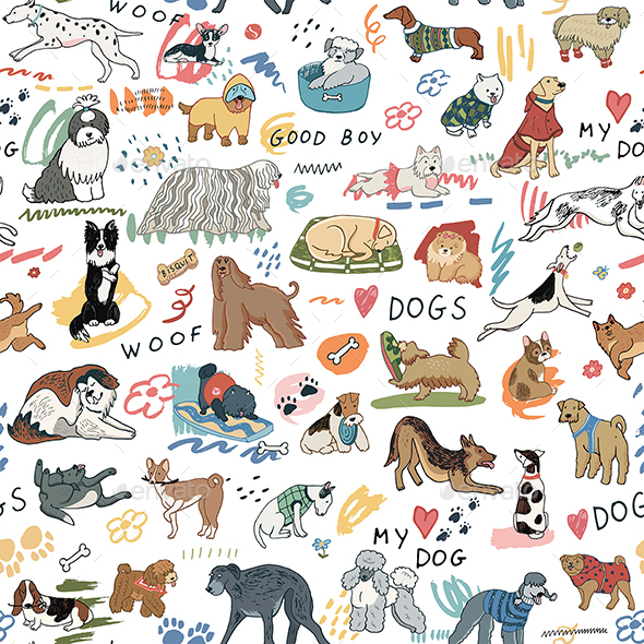 Dogs Funny Hand Drawn Vector Seamless Pattern