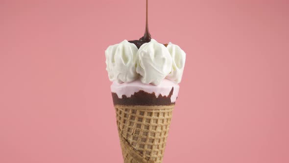 Melted Chocolate On Cream Ice Cream Cone