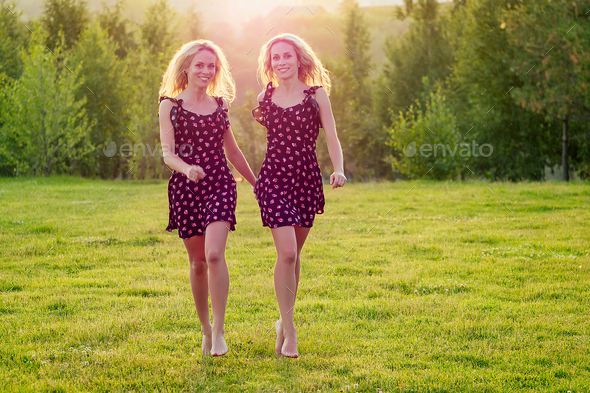 Two Sisters Twins Beautiful Curly Blonde Happy Young Toothy Smile Women