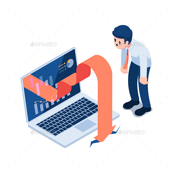 Isometric Businessman with Falling Graph From Laptop Monitor