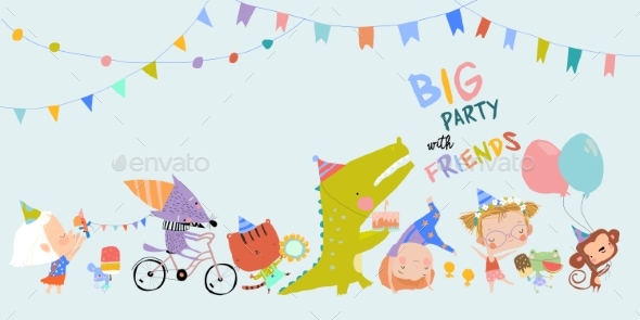 Birthday Card with Cute Animals Celebrating