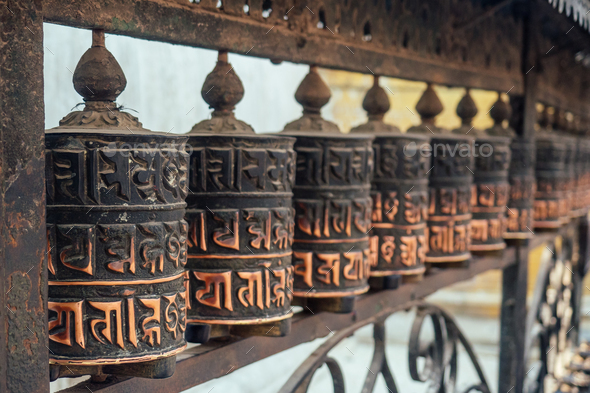 Tibetan wooden drums with prayers. concept of tourism and religion ...