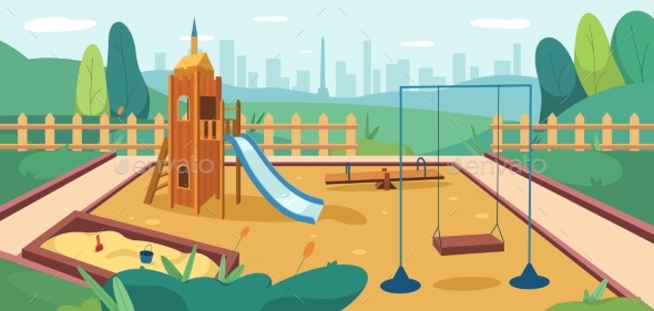 Flat Kids Playground in Park with Sandbox Slide