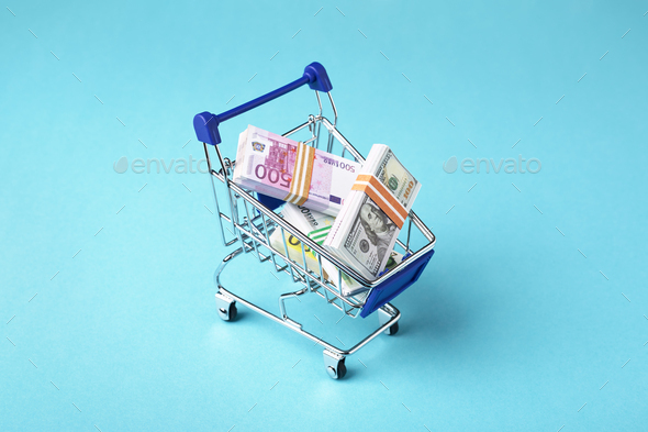 Shopping Cart Full of Money, Dollars and Euro Bills, Sales and Shopping, Currency Exchange Concept