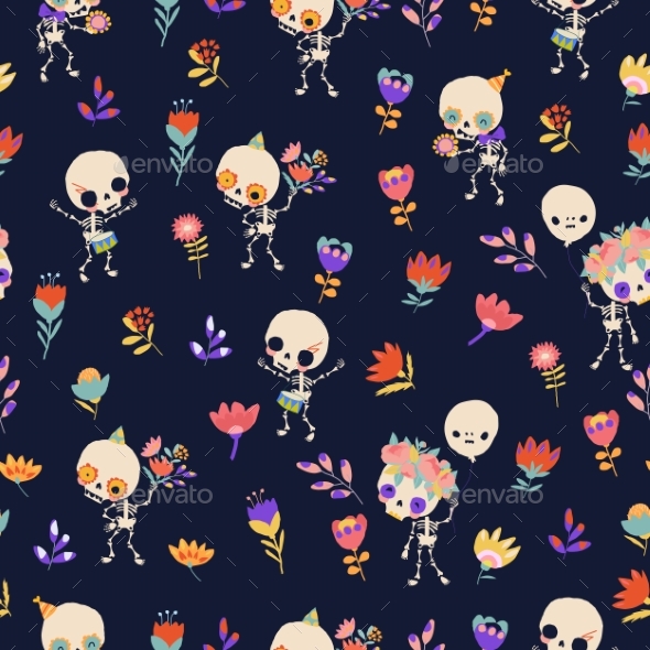 Seamless Pattern with Skeletons and Flowers