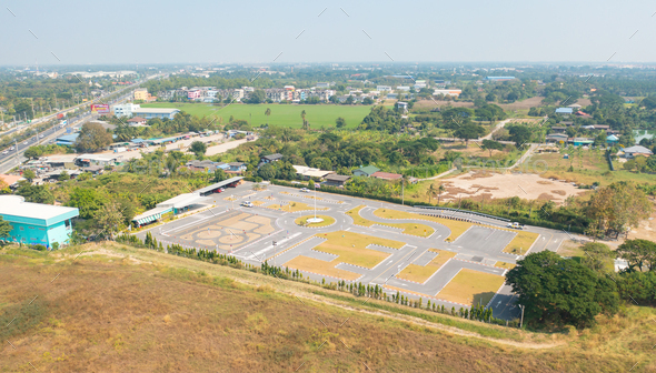 Aerial top view of a car driving test center with street. Course field, practice vehicle school.