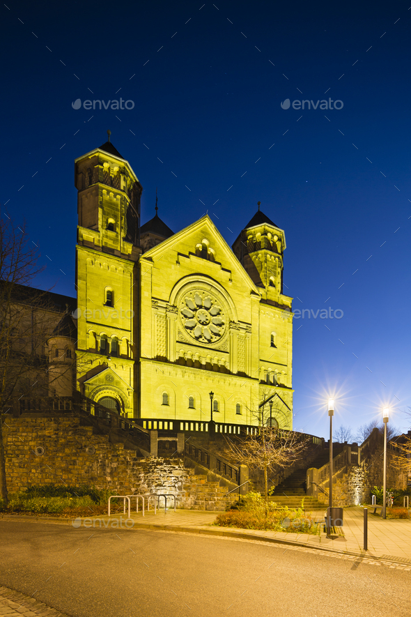 Herz-Jesu Church in Aachen, Germany at night - Stock Photo - Images