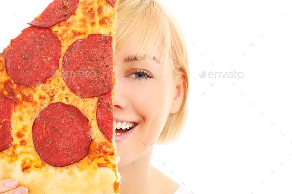 Pizza slice and woman