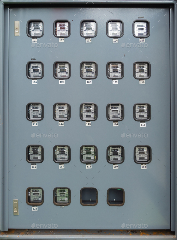 Electrical control meter panel board with number showing. Power plug of main distribution board.