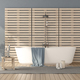 Minimalist bathroom with bathtub against wooden panel - PhotoDune Item for Sale