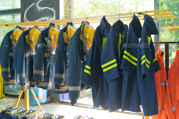 Firefighter or fireman safety tools, in a gear room, an emergency accident rescue safety equipment