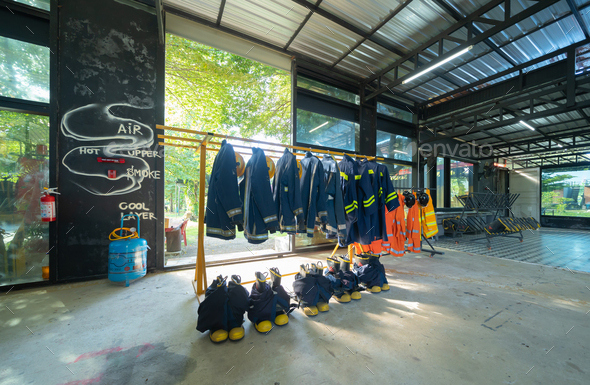 Firefighter or fireman safety tools, in a gear room, an emergency accident rescue safety equipment