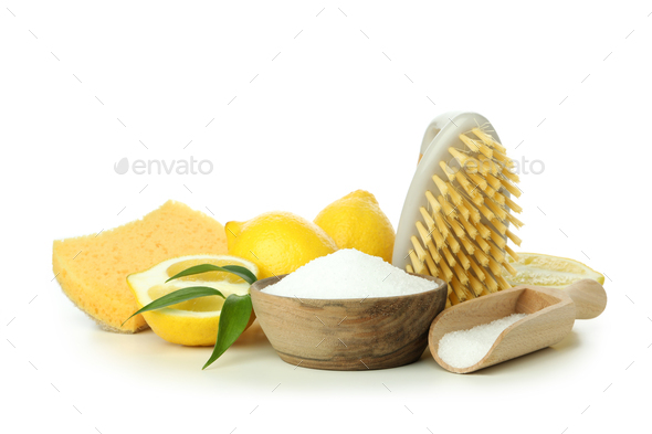 Concept of household cleaners with lemon acid, isolated on white background