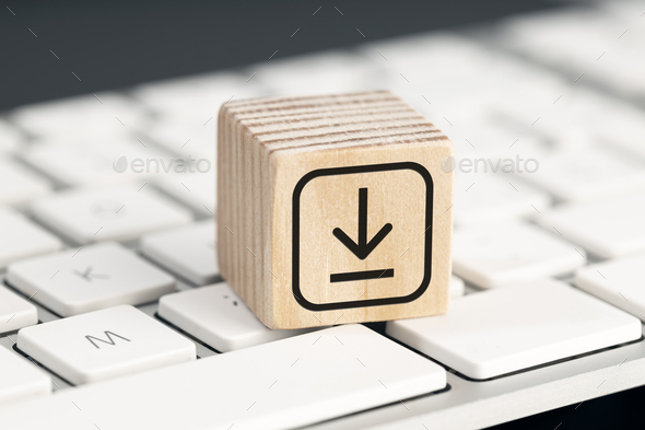 Download icon on wooden block  - Stock Photo - Images